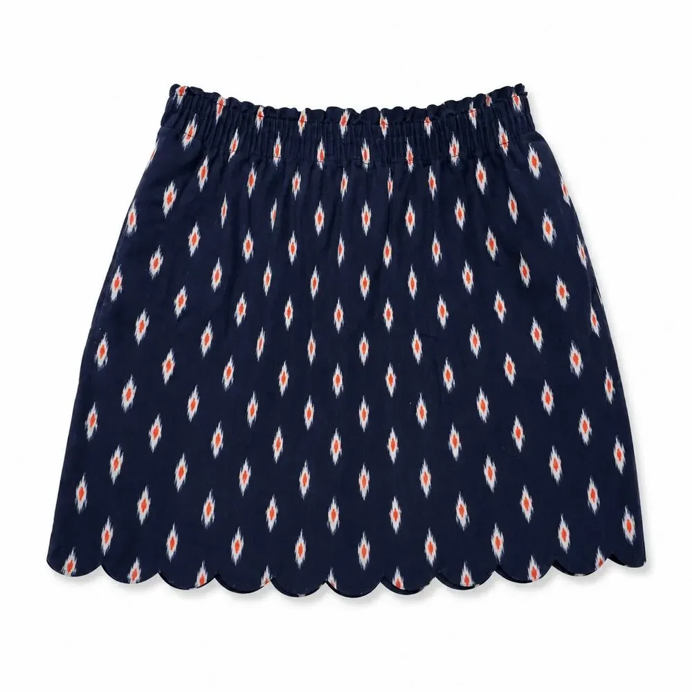 J.Crew Navy Ikat Print Mini Skirt Scalloped Hem Linen Cotton Women's 8